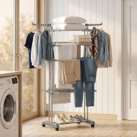 HOMCOM Séchoir à linge pliable 4 niveaux avec roulettes, étendoir linge intérieur avec ailes latérales, cadre en acier, gris(m-15)