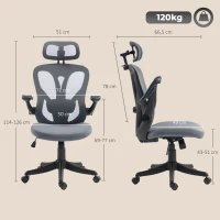 HOMCOM Silla de Oficina Ergonómica, Reposabrazos Abatibles 3D, Reposacabezas 2D, Perchero, en Malla, Gris Oscuro(m-3)