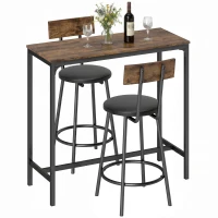 HOMCOM Set Masă de Bar cu 2 Scaune Înalte, Spătar, Suport pentru Picioare, MDF, Metal, 100x40x90,5 cm, Maro Rustic(m-11)
