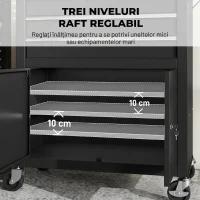 HOMCOM Cărucior de Scule din Oțel cu Blat de Lucru, 3 Sertare, Dulap, Panouri Perforate, Roți, Negru(m-5)