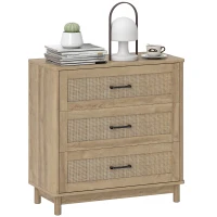 HOMCOM Kommode 3 Schubladen aus Rattan, Aufbewahrungsmöbel, Schubladenschrank, Massivholzfüße, Boho-Stil, 76x35x76cm, Eiche(m-8)