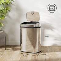 HOMCOM Coș de gunoi cu senzor infraroșu 50L, 2 moduri de deschidere, oțel inoxidabil, argintiu(m-3)