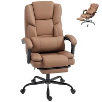 HOMCOM Scaun de Birou Ergonomic Reclinabil 140° cu Suport pentru Picioare și Pernă, Scaun de Birou din Piele Ecologică Rezistentă, Ușor de Curățat, Cotiere Căptușite, Rotativ și Reglabil pe Înălțime, Maro(m-11)