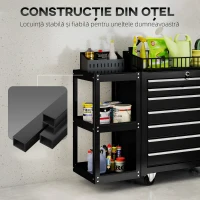 HOMCOM Cărucior pentru Unelte din Oțel cu 7 Sertare, Poliță Laterală Detașabilă, Roți, Capacitate 120kg, Negru(m-6)