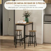 HOMCOM Conjunto Mesa Alta de Cocina con 2 Taburetes Marco de Acero Estilo Industrial Mesa Alta para Comedor Marrón Rústico(m-4)