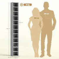 HOMCOM Raft Bibliotecă Pentru CD-uri cu 12 Polițe pentru 204 CD-uri, din MDF și PAL, 21 x 20 x 175 cm, Gri(m-3)