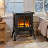 HOMCOM Șemineu Electric de Podea, Flacără 3D, Termostat 10-35°C, Plastic, Sticlă, 39x24x48 cm, Negru(m-2)