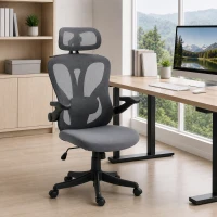 HOMCOM Silla de Oficina Ergonómica, Reposabrazos Abatibles 3D, Reposacabezas 2D, Perchero, en Malla, Gris Oscuro(m-2)