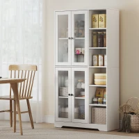 HOMCOM Bufet Bucătărie Înalt, Dulap Dispensa cu 4 Uși din Sticlă Soft-Close, 6 Rafturi Deschise, Rafturi Reglabile, Alb(m-2)