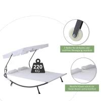 Outsunny Sonnenliege rollbar Campingliege mit Kopfkissen, Dach UV-beständig und wasserabweisend Gartenliege Liegestuhl bis 220kg belastbar für Balkon, Garten, Cremeweiß(m-5)