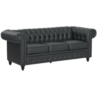 HOMCOM Canapea Chesterfield cu 3 locuri, tapițată, cu arcuri individuale, din piele sintetică, 213x86x79 cm, negru(m-11)