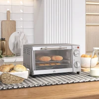 HOMCOM Mini Oven, 9L Countertop Electric Grill, Toaster Oven with Adjustable Temperature, Timer, Dishwasher Safe Baking Tray and Wire Rack, 750W, Silver(m-9)