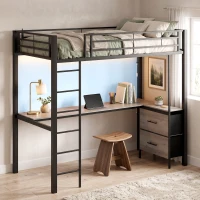 HOMCOM Metal Bunk Bed with Desk, High Sleeper Bed with LED Light and Safety Guardrail for Teens Adults, No Box Spring Needed(m-4)