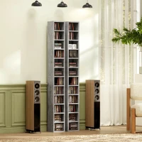 HOMCOM Raft Bibliotecă Pentru CD-uri cu 12 Polițe pentru 204 CD-uri, din MDF și PAL, 21 x 20 x 175 cm, Gri(m-8)