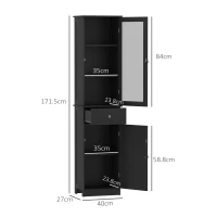 kleankin Coloană Baie economisitoare de spațiu cu dulăpior, sertar și rafturi din MDF, 40x27x171.5cm, Negru(m-3)