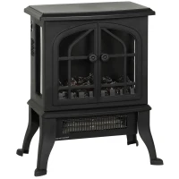 HOMCOM Șemineu Electric de Podea, Flacără 3D, Termostat 10-35°C, Plastic, Sticlă, 39x24x48 cm, Negru(m-1)