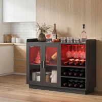 HOMCOM Bar mobil cu suport pentru sticle, lumină LED și raft reglabil, din lemn și sticlă, 120x38x88 cm, negru(m-10)