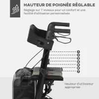 HOMCOM Déambulateur 4 roues pliable, rollator en aluminium léger, siège rembourré, dossier, poignée réglable, 69x64x98,5cm noir(m-6)