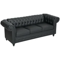 HOMCOM Canapea Chesterfield cu 3 locuri, tapițată, cu arcuri individuale, din piele sintetică, 213x86x79 cm, negru(m-12)