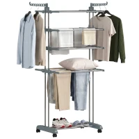 HOMCOM Séchoir à linge pliable 4 niveaux avec roulettes, étendoir linge intérieur avec ailes latérales, cadre en acier, gris(m-17)
