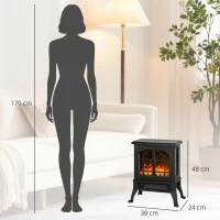 HOMCOM Șemineu Electric de Podea, Flacără 3D, Termostat 10-35°C, Plastic, Sticlă, 39x24x48 cm, Negru(m-3)