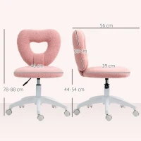 HOMCOM Scaun de Birou Rotativ cu Spătar în Formă de Inimă, Înălțime Reglabilă, Țesătură Teddy, 45x56x78-88 cm, Roz(m-3)