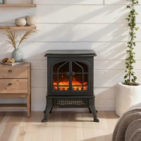 HOMCOM Șemineu Electric de Podea, Flacără 3D, Termostat 10-35°C, Plastic, Sticlă, 39x24x48 cm, Negru(m-9)