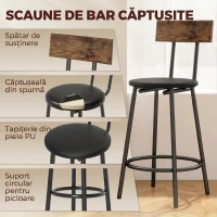 HOMCOM Set Masă de Bar cu 2 Scaune Înalte, Spătar, Suport pentru Picioare, MDF, Metal, 100x40x90,5 cm, Maro Rustic(m-5)