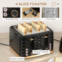 HOMCOM Kettle and Toaster Sets, 3000W 1.7L Rapid Boil Kettle & 4 Slice Toaster with 7 Browning Controls, Defrost, Reheat and Crumb Tray, UK Otter thermostat, Black(m-6)