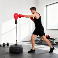 HOMCOM Punching Ball cu Înălțime Reglabilă cu Mănuși de Box, din Oțel, Piele Sintetică și PE, Ø48x136-154 cm, Negru și Roșu(m-2)