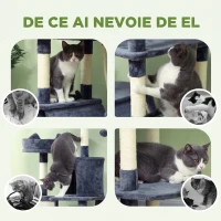 PawHut Ansamblu de Cățărat pentru Pisici, 206 cm, cu Stâlpi din Sisal, Căsuțe și Hamace, Gri Închis(m-7)