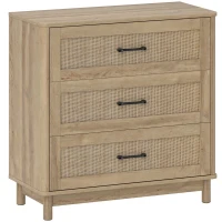 HOMCOM Comodă 3 Sertare din Ratan, Mobilier de Depozitare, Picioare din Lemn Masiv, Stil Boem, 76x35x76cm, Stejar(m-1)