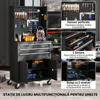 HOMCOM Cărucior de Scule din Oțel cu Blat de Lucru, 3 Sertare, Dulap, Panouri Perforate, Roți, Negru(m-4)