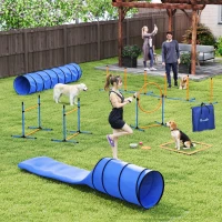 PawHut Ensemble d'Agilité pour Chien 11 Pièces, Parcours d'Obstacle avec 2 Tunnels, Sauts Ajustables, Orange et Bleu(m-11)