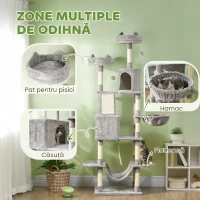 PawHut Ansamblu de Zgâriat pentru Pisici, 206 cm, cu Stâlpi din Sisal, Căsuțe și Hamace, Gri Închis(m-4)