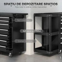 HOMCOM Cărucior pentru Unelte din Oțel cu 7 Sertare, Poliță Laterală Detașabilă, Roți, Capacitate 120kg, Negru(m-4)