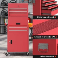HOMCOM Cărucior pentru Scule din Oțel cu Încuietoare, 6 Sertare, 2 Dulapuri, Panou Perforat, Roți și Mâner, Roșu(m-8)