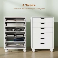 HOMCOM Caisson de Bureau Mobile avec 6 Tiroirs Silencieux, Caisson de Rangement sur Roulettes,  40 x 35 x 63 cm, Blanc(m-4)