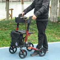 HOMCOM Déambulateur 4 Roues Pliable en Aluminium, Hauteur Réglable 6 Positions, Freins Doubles, Rangement, 64x67x92cm, Rouge(m-2)