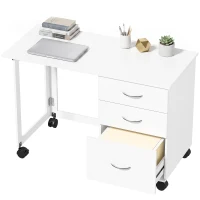 HOMCOM Klapp-Bürotisch mit 3 Schubladen, 4 feststellbare Rollen, Weiß(m-8)