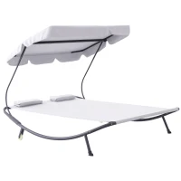 Outsunny Sonnenliege rollbar Campingliege mit Kopfkissen, Dach UV-beständig und wasserabweisend Gartenliege Liegestuhl bis 220kg belastbar für Balkon, Garten, Cremeweiß(m-12)