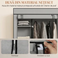 HOMCOM Dulap Portabil din Material Netesut și Oțel cu Roți, 6 Rafturi Deschise, Umeraș, Gri Deschis(m-5)