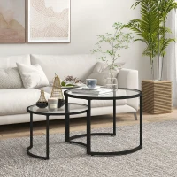 HOMCOM Set 2 mese de cafea suprapuse din sticlă și oțel, Ø70x47,5 cm și Ø54x42,5 cm, negru(m-10)