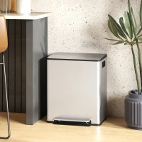 HOMCOM Küchenmülleimer 2 Kammern 2 x 25L, Edelstahl, Soft-Close-Deckel, 47,7x37,5x56cm, silber(m-6)