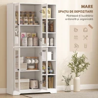 HOMCOM Bufet Bucătărie Înalt, Dulap Dispensa cu 4 Uși din Sticlă Soft-Close, 6 Rafturi Deschise, Rafturi Reglabile, Alb(m-4)