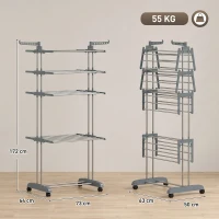 HOMCOM Séchoir à linge pliable 4 niveaux avec roulettes, étendoir linge intérieur avec ailes latérales, cadre en acier, gris(m-3)