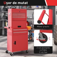 HOMCOM Cărucior pentru Scule din Oțel cu Încuietoare, 6 Sertare, 2 Dulapuri, Panou Perforat, Roți și Mâner, Roșu(m-6)