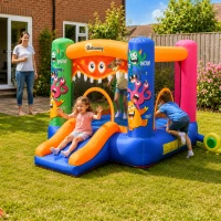 Outsunny Bouncy Castle Inflatable Basket Trampoline Slide Monster Design for Kids Age 3-8, Blue(m-2)