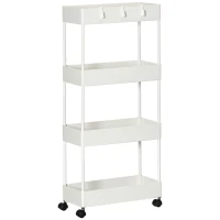 HOMCOM Cărucior Bucătărie Multifuncțional cu 4 Polițe și 3 Cârlige, Oțel și Plastic, 40x19x90 cm, Alb(m-1)
