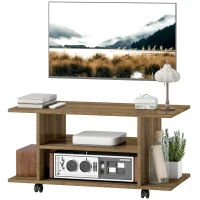 HOMCOM Suport TV Modern cu Rafturi, Roți Pivotante și Frâne, 80 x 40 x 40 cm, Nuc(m-12)